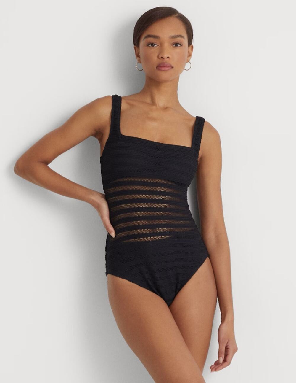 LAUREN RALPH LAUREN Ottoman One-Piece Swimsuit Size 14 Black Mesh Stripe NWT